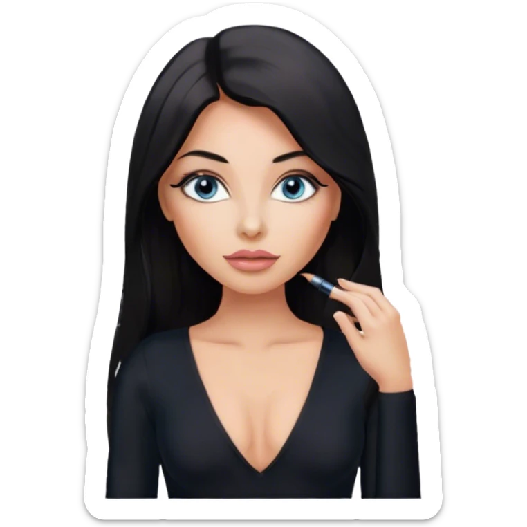 Glamours, tanned, beautiful, girl, with blue eyes, big pump peach-beige-rose lips, eyeliner, long lashes, black straight smooth silky long hair, parting hair in the middle,  in black v-neck bodysuit long sleeves sticker