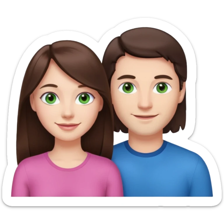 pink polaroid photo of a couple thats white with long brunette hair blue eyes and a white guy with short brunette hair and green eyes sticker