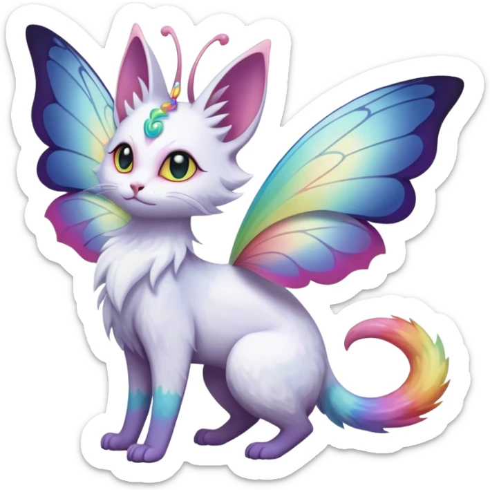 Pure-snow-White albino iridescent with pastel rainbow-gradients-color-markings with swirly patterns butterflies  faerie-Noivern-Noibat-Purloin-Torracat-Lykoi-Caracal-cat-Fakemon-fusion-hybrid-creature sticker