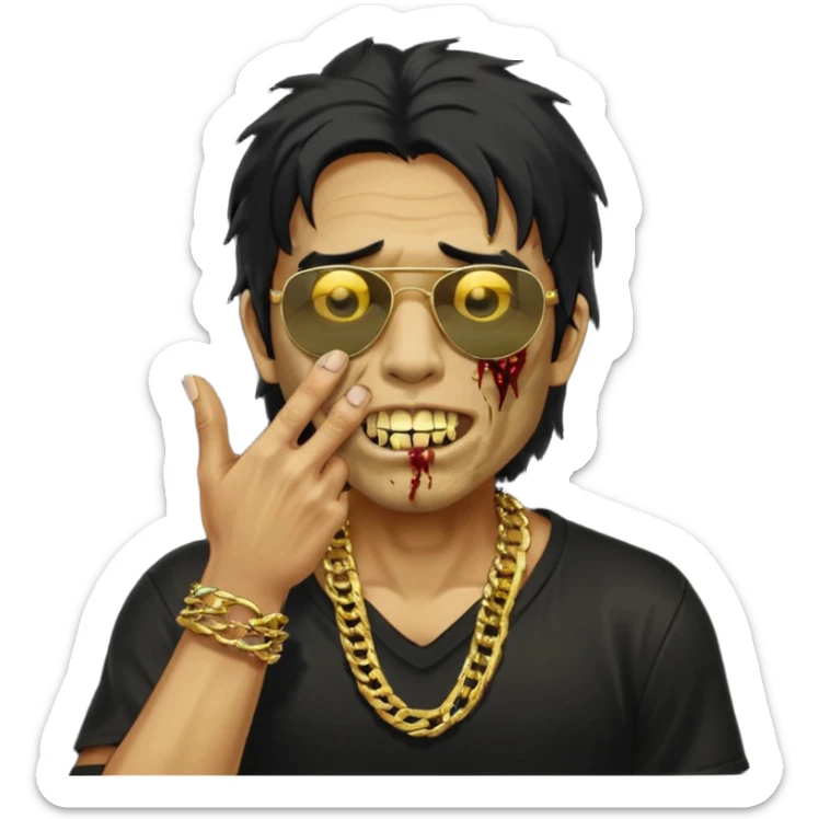 cabelo liso desordenado negro homen con aparencia de zombi y que haga un gesto mostrando los dientes de oro que se agarre la boca con la mano y que sea color piel, ponle unas gafas brasileñas, una camisa negra y que tenga cadenas de oro sticker