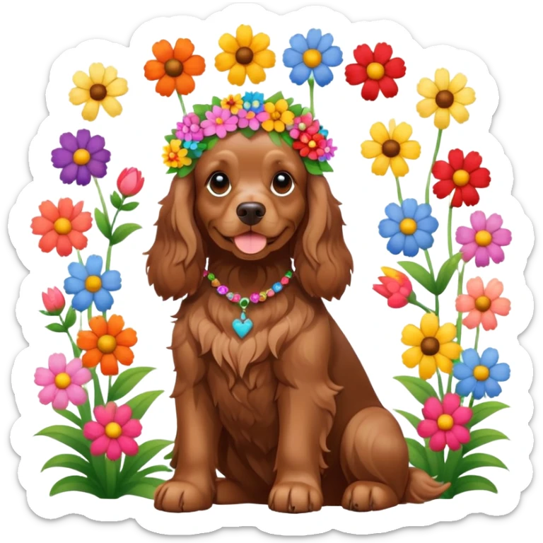 Full body shot of a brown cocker spaniel sitting happily with lots of flowers on his head sticker