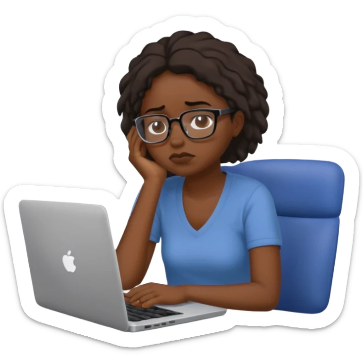 Create an emoji of a tired girl of african american descent, sitting at a laptop, looking exhausted and frustrated. They have slouched posture, representing overwork and burnout. sticker