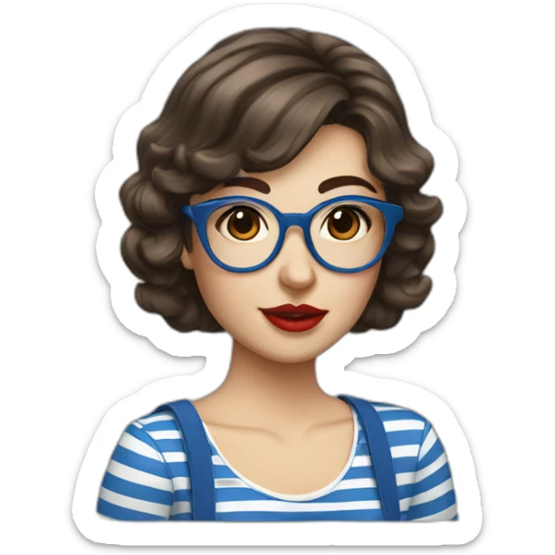 caucasian woman with retro glasses, dark brown hair, bangs, red lipstick, blue and white striped t shirt sticker