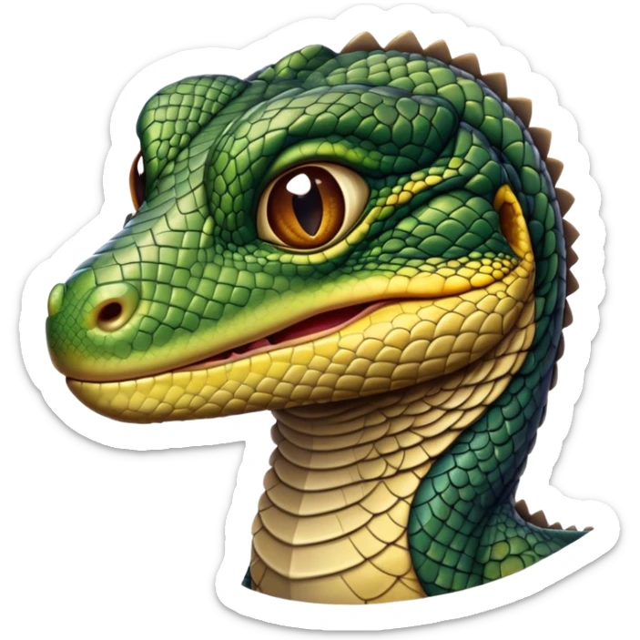 Cinematic Realistic Noble Monitor Lizard Portrait Emoji, Poised and imposing, with a robust, muscular build and a rugged, intricately scaled hide in natural olive and dark brown tones, a sharply defined head with intense, observant eyes, rendered with lifelike detail and authentic texture, high shine, intelligent and formidable, styled with an air of desert authority, focused and attentive, soft glowing outline, capturing the essence of a watchful and confident monitor lizard that appears ready to stride out of the screen with effortless power! sticker