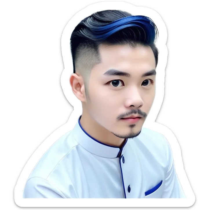 Nam 15 tuổi, da trắng, tóc under cut màu xanh lá cây ( vuốt ngược ra sau ), áo khoác da màu cam cổ cao, mặt ngầu, đeo khuyên tai màu bạc sticker