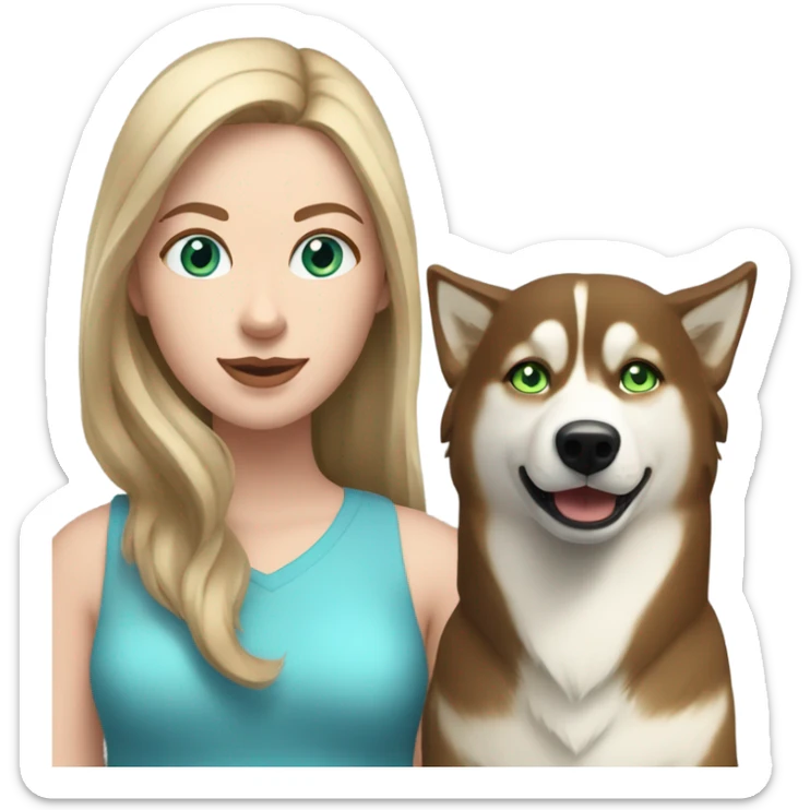 White Woman hair brown and bleus eyes and golden Husky With green eyes sticker