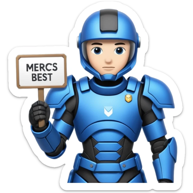 a futeristic scifi soldier in blue and black holding a sign saying Mercs, under this futeristic scifi in blue and black holding a sign is the text we are the best. in gif sticker