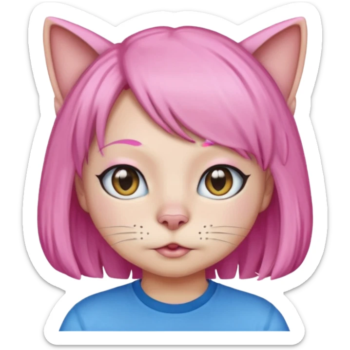 Black cat wearing a pink hair wig, blue T-shirt sticker