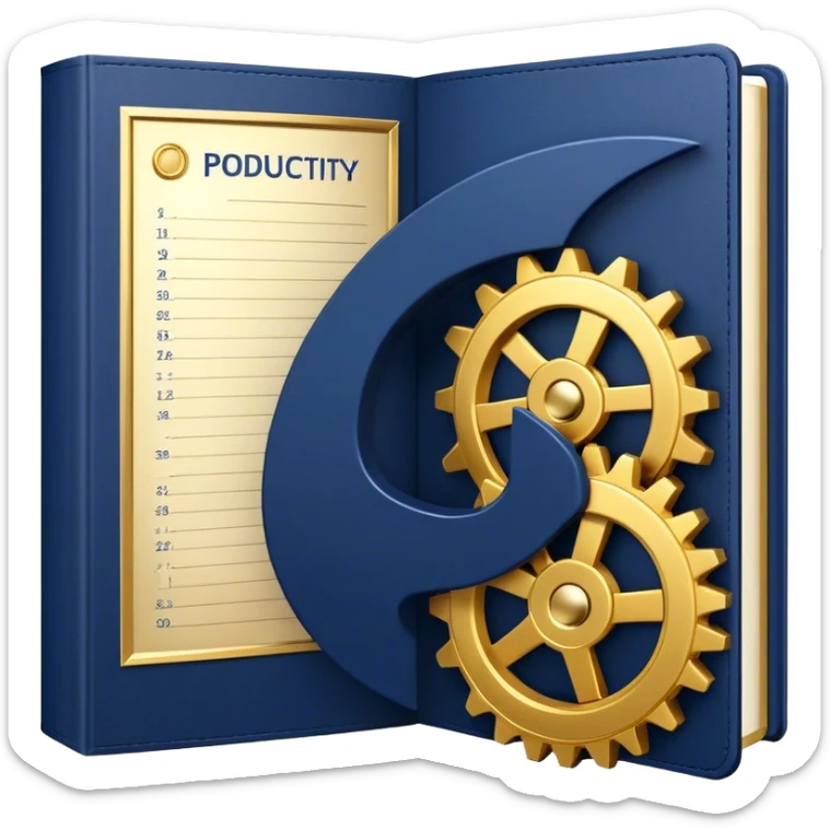 A navy blue book with gold details, metallic edges, and a golden gear with a chart with upward trend on the cover, radiating productivity, strategy, and success in motion- sticker