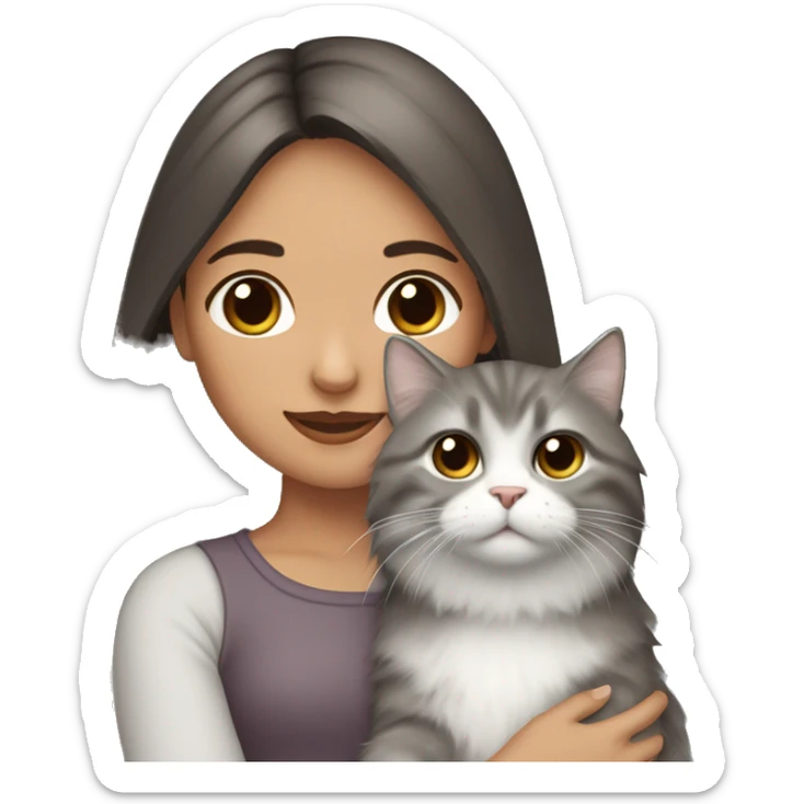 Dark brown straight hair girl holding fluffy Siberian gray cat  sticker
