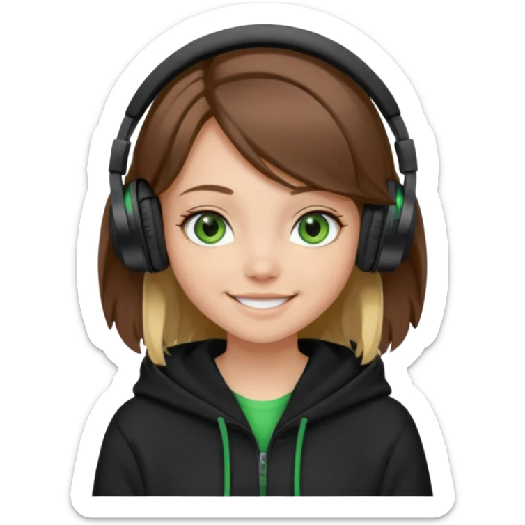 a girl with brown hair blonde ends green and wearing black headphones baggy hoddie she is happy  sticker