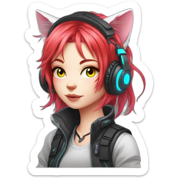 Anime cat gamer girl cyberpunk neon red hair sticker