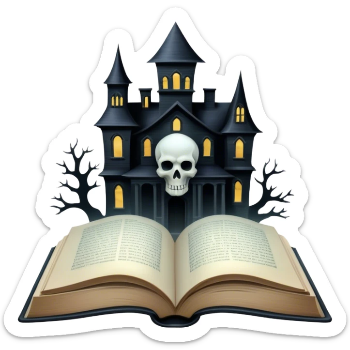 Icon for Horror and Mystery Reading: an open book with eerie, dark pages, a haunted house silhouette, a ghostly figure, and a skull. The icon should capture the suspense, fear, and mystery of horror and supernatural stories. Transparent background. sticker
