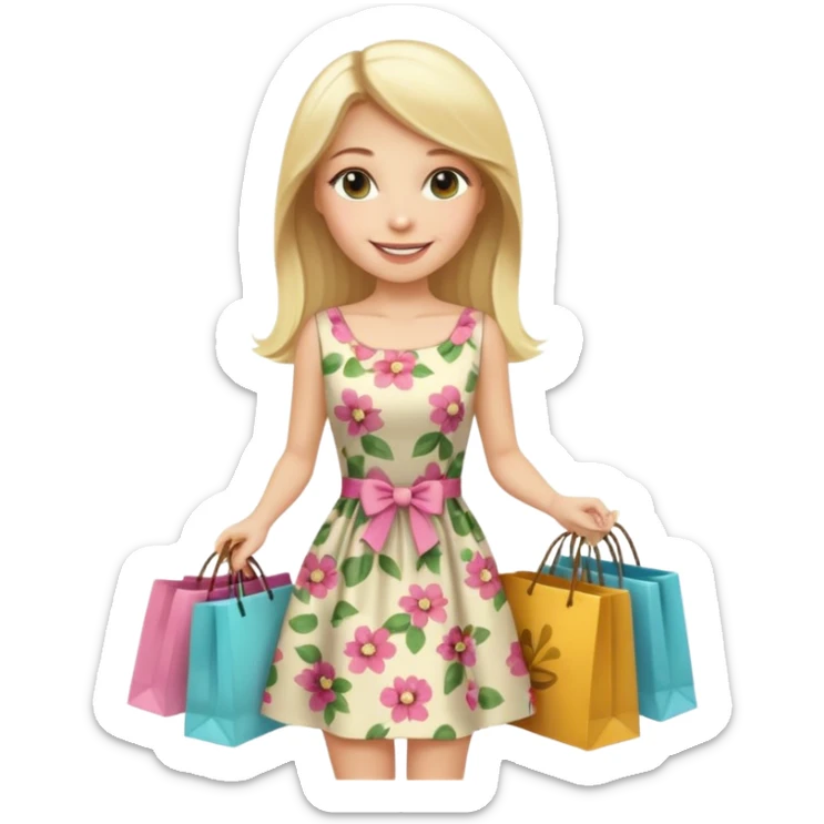 rich long straight hair blonde australian millionare woman holding a lot of money and shopping bags in both hands wearing cute floral dress sticker