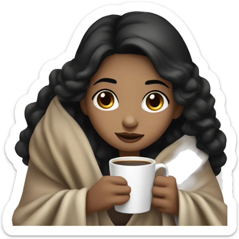 pale girl with dark brown eyes and black hair sitting with a blanket on her lap and a coffee in her hand  sticker