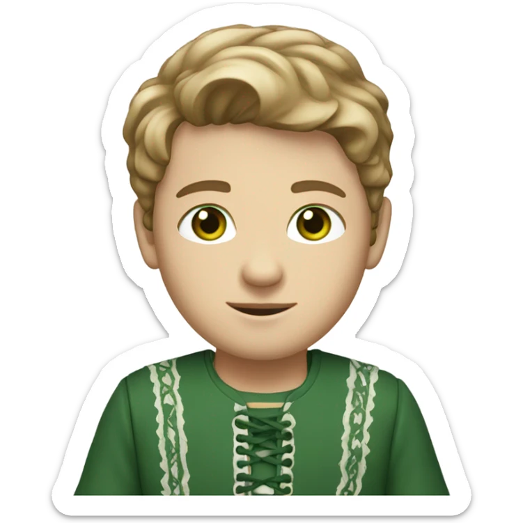 white boy with light brown hair and green eyes wearing a tunic with laces up the front  sticker