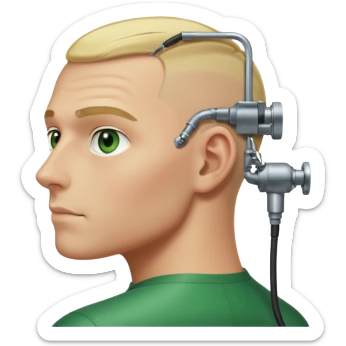 Male, no glasses, blonde hair, right side of hair shaved with a machine, face turned towards the camera sticker