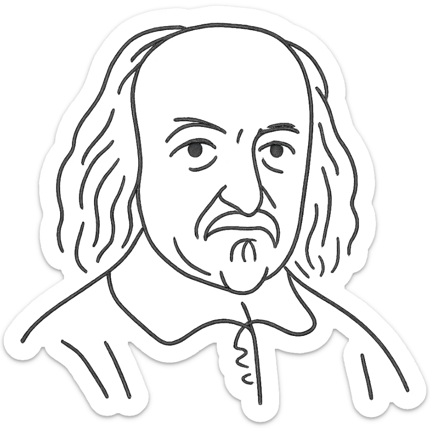 a hand drawn black outline portrait of philosopher Thomas Hobbes with similar-sized eyes based a famous portrait of him sticker