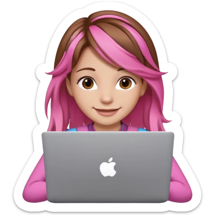 Make an apple emoji of a girl with brown hair that has pink strands of hair with her face behind a laptop screen facing her. sticker