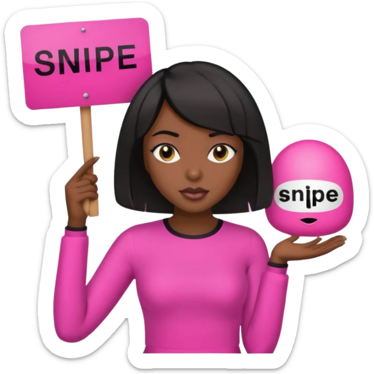 Dark skin woman with black bob in hair holding sign that says snipe  wearing pink outfit  sticker