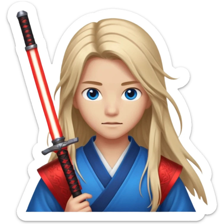 A 14 year old with red glowing katana and his hair be long and eye colour of blue  sticker