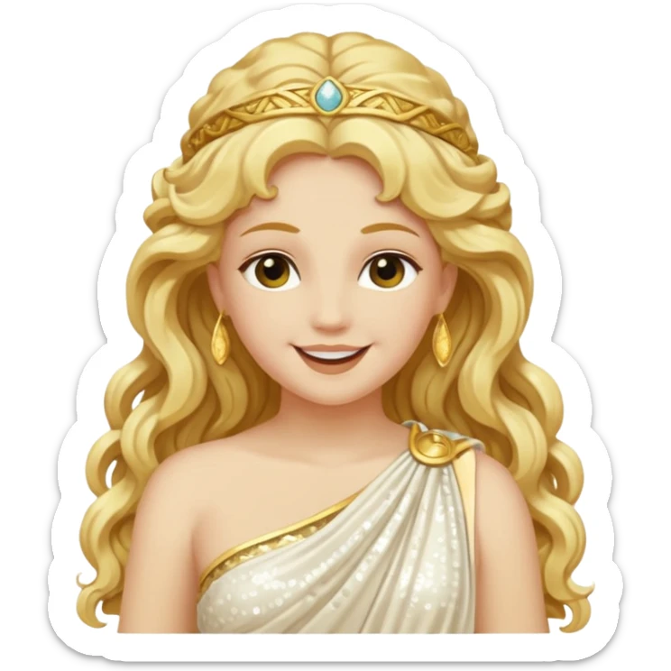 Psyche, Goddess of Soul from Roman Deities with long golden blonde wavy hair, ivory sequin toga sticker