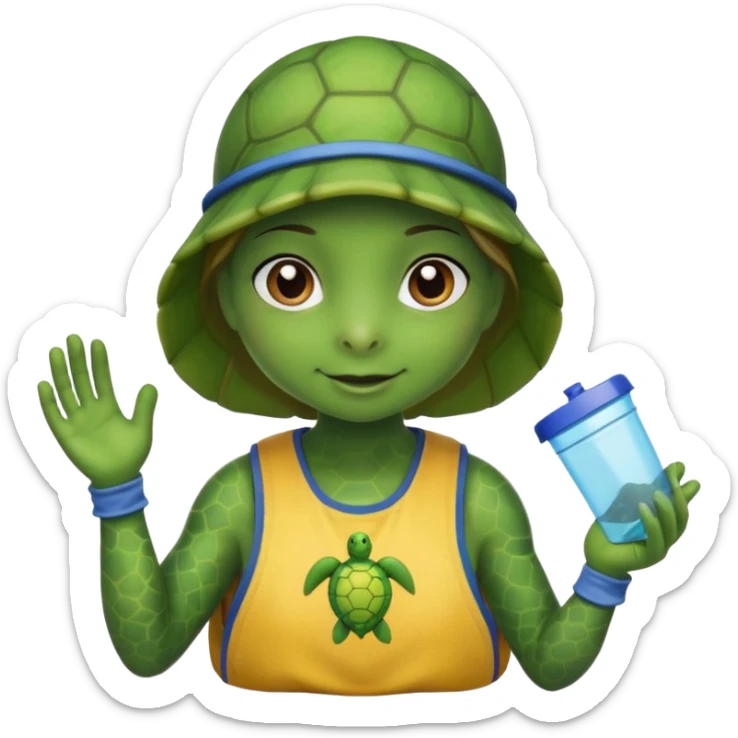 Haz una tortuga bonita, que sea niña, con ropa como si estuviera haciendo voluntariado, que Rea presente la limpieza de playas y el de refugio de animal sticker