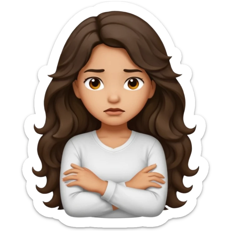 Hispanic tan ish girl with long dark wavy hair crossing her arms and slightly pouting sticker