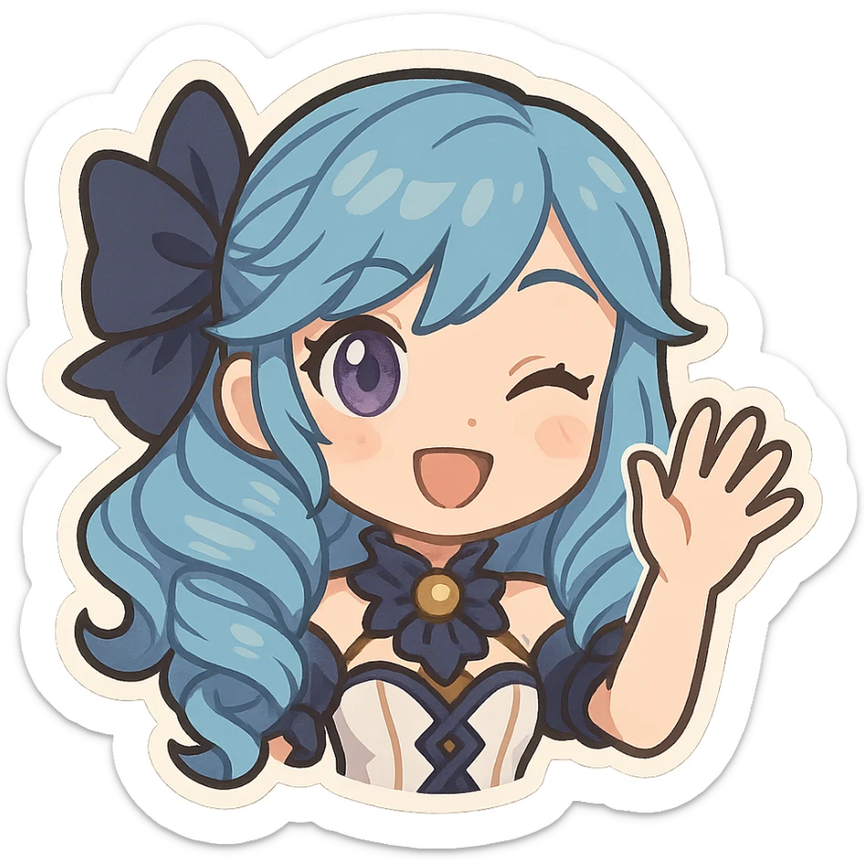 chibi style Gwen from League of Legends, only head, right eye purple, waving hi, frame 2: hand mid-wave, eyes happy sticker