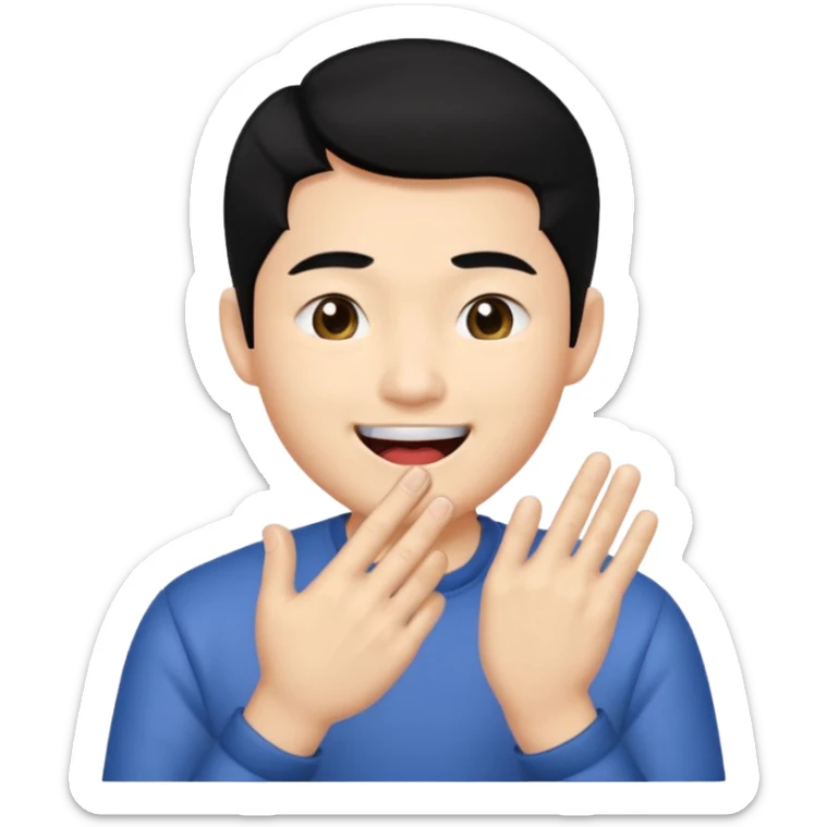 Asia guy black hair side part rubbing hand together and smirking with tongue out on the side sticker