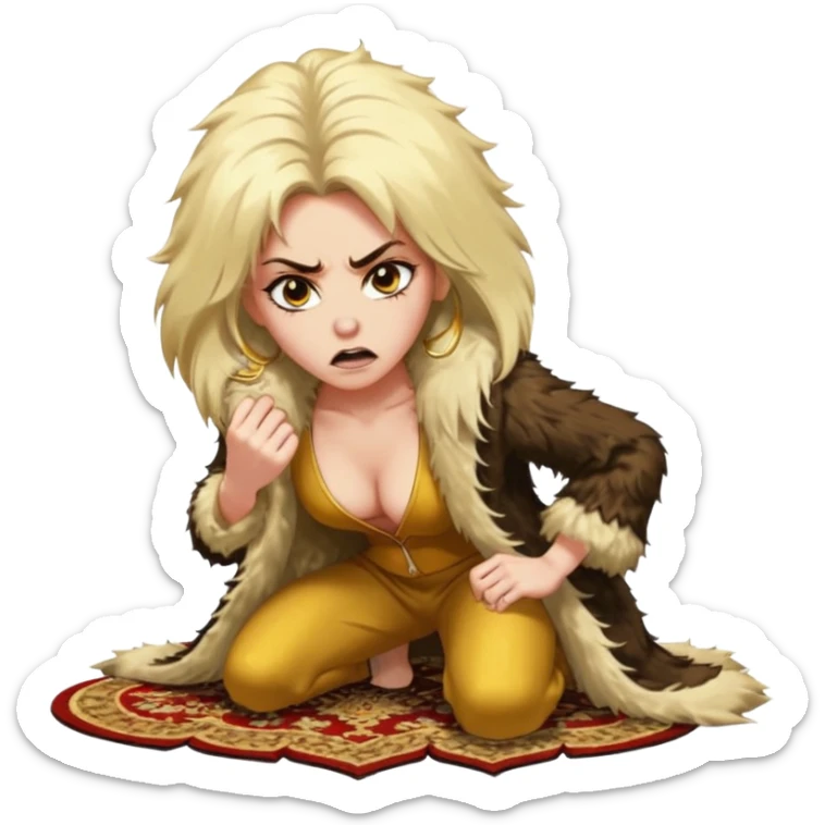 Cinematic Realistic Ultra HD -  Angry, High Nose - Glamour, Plunging Neck Hilary Duff Extreme Long Long Hairstyle in Shaggy Fur Coat with Gold Flash - Crouching on Kashmir Carpet sticker