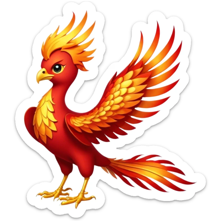 Cinematic Noble Mystical Fire Phoenix Portrait Emoji, Poised and resplendent, with a radiant, fiery plumage in brilliant hues of scarlet, gold, and ember, featuring elongated, elegant tail feathers that flow like molten lava, and piercing, wise eyes reflecting the eternal cycle of rebirth; rendered with lifelike texture and luminous natural highlights, high shine, majestic and awe-inspiring, styled with an aura of mythic resurgence, focused and regal, soft glowing outline, capturing the essence of a legendary phoenix rising from the flames with timeless grace! sticker