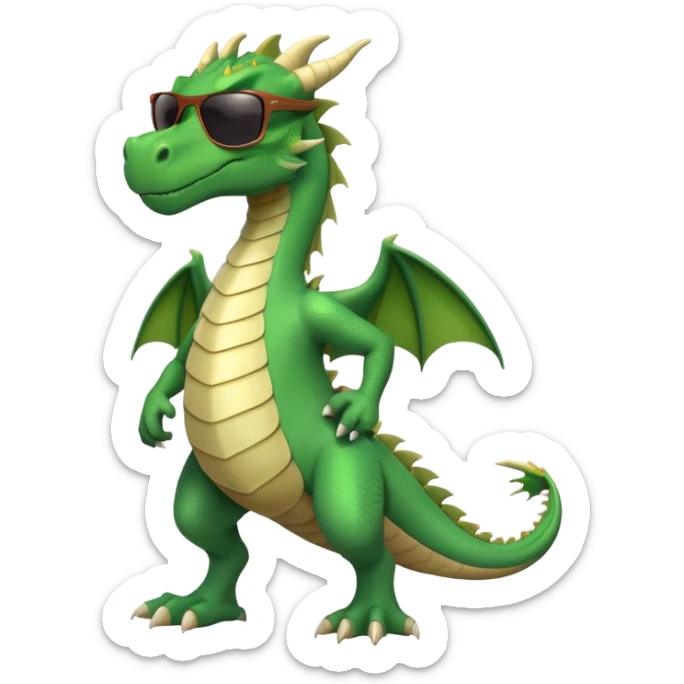 friendly anthropomorphised green dragon in a sports t-shirt and jeans with dark sunglasses walking upright, relaxed pose sticker
