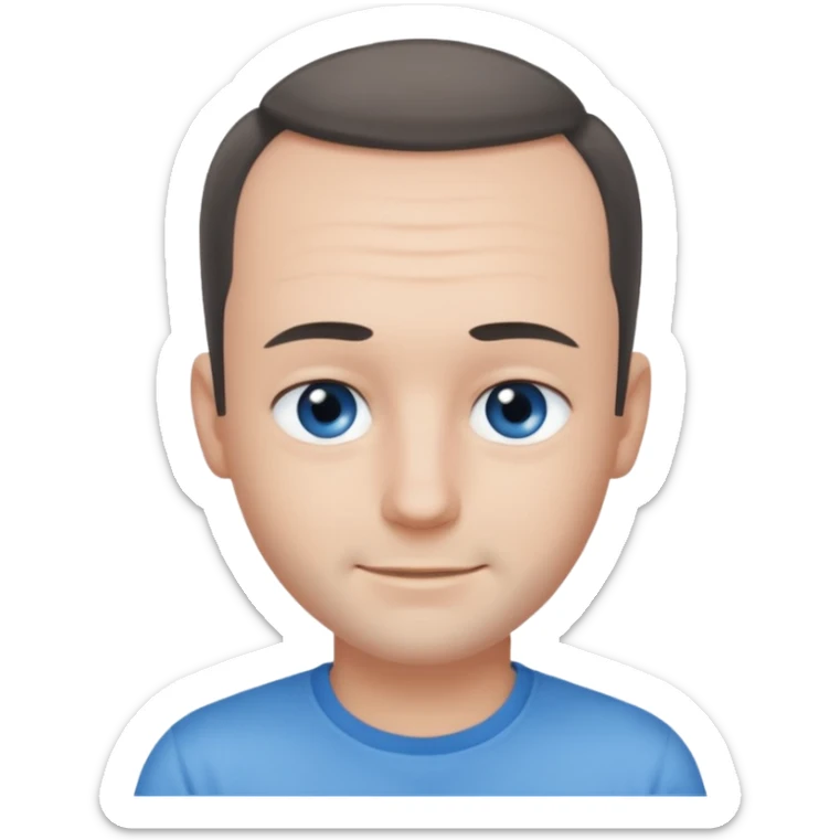 Man with black-greyish receding hairline, some hair on top, small blue eyes, clear face, shy smile sticker