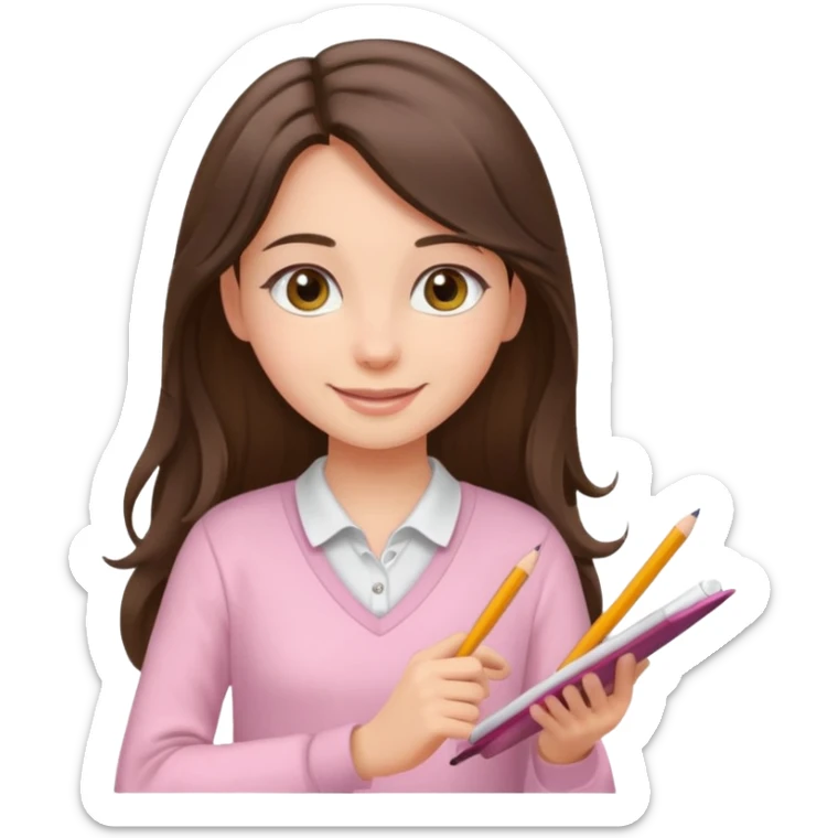 smiling long brunette hair girl hazel eyes wearing light pink clothes writing sticker