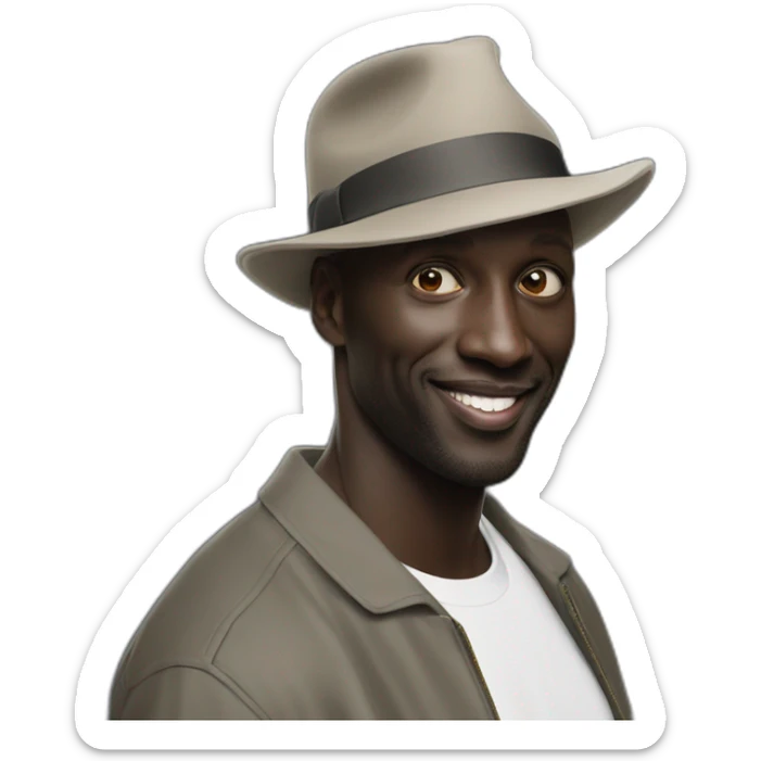 omar sy with hat and on the hat there is a picture of omar sy sticker
