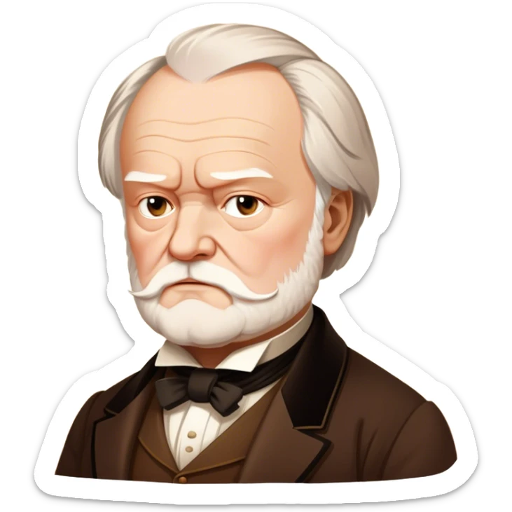Cinematic Realistic portrait of Victor Hugo, shown as an iconic writer with intense, thoughtful eyes and richly detailed 19th‑century attire, rendered in warm, literary lighting that captures his creative spirit sticker