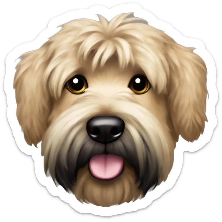 Wheaten terrier with long fluffy hair, black ears and black chin sticker