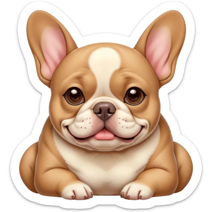 Cinematic Meme-Worthy Chubby Sleeping Fawn French Bulldog Portrait Emoji, Head resting peacefully with a contented smile, showcasing a delightfully chubby build and a luxuriously soft fawn coat, eyes shut in a serene nap, Simplified yet hilariously adorable features, highly detailed, glowing with a soft, drowsy light, high shine, relaxed and utterly lovable, stylized with an air of playful laziness, bright and heartwarming, soft glowing outline, capturing the essence of a comically sleepy companion, so meme-worthy it feels like it could instantly become the next viral sensation of adorable slumber! sticker
