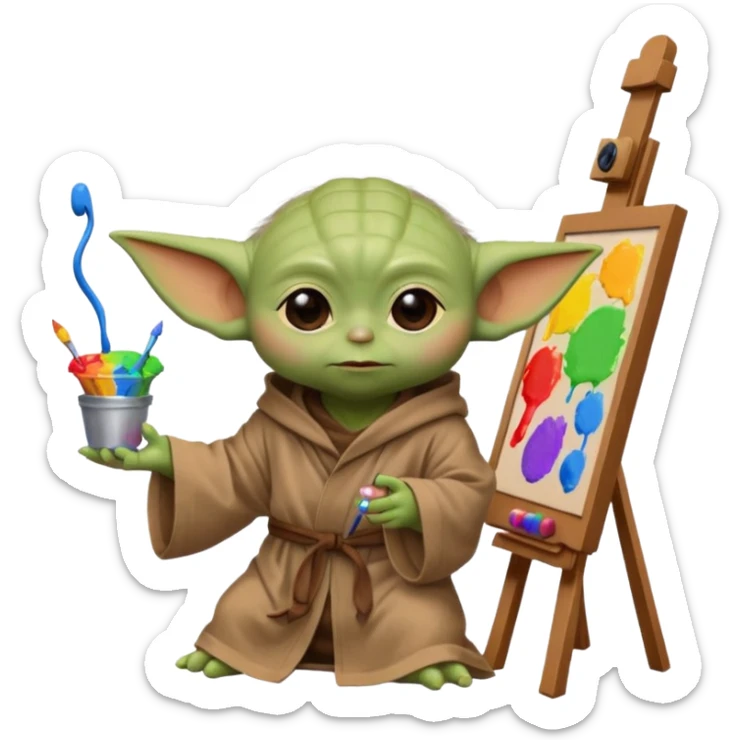 Baby Yoda in his brown robe listening music on his headphones, painting a picture on an easel and surrounded by paint pots. sticker