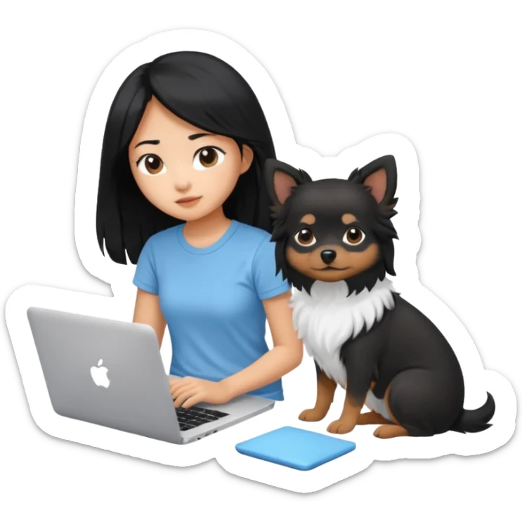 Asian girl with long black hair, wearing a light blue t-shirt, working on an Apple laptop, beside a small black and white dog sticker