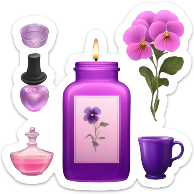 A cozy aesthetic: a dark purple candle in a glass jar, pink pansies, a violet vintage perfume bottle, and a pink cup of steaming tea. sticker