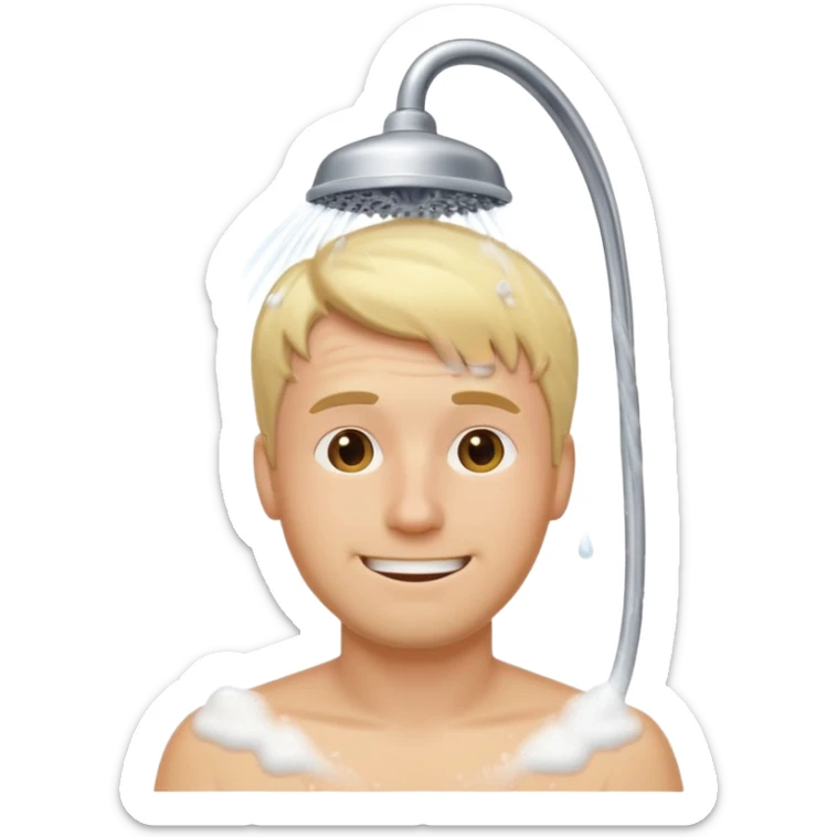 blonde man under showerhead, lots of foam, happy, modest, emoji style sticker