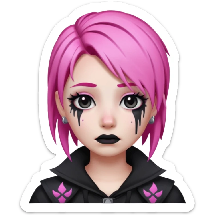 Twitch emoji style crying emoji inspired by Haze skin from Fortnite with signature pink hair, dark makeup, and gothic fashion details sticker