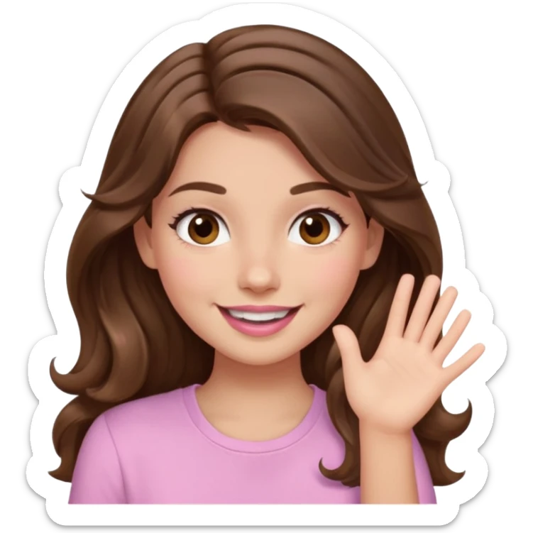 girl with wavy long brown hair, brown eyes, light to medium complexion, long lashes, light pink lipstick, smiling, wearing light pink shirt, slapping sticker