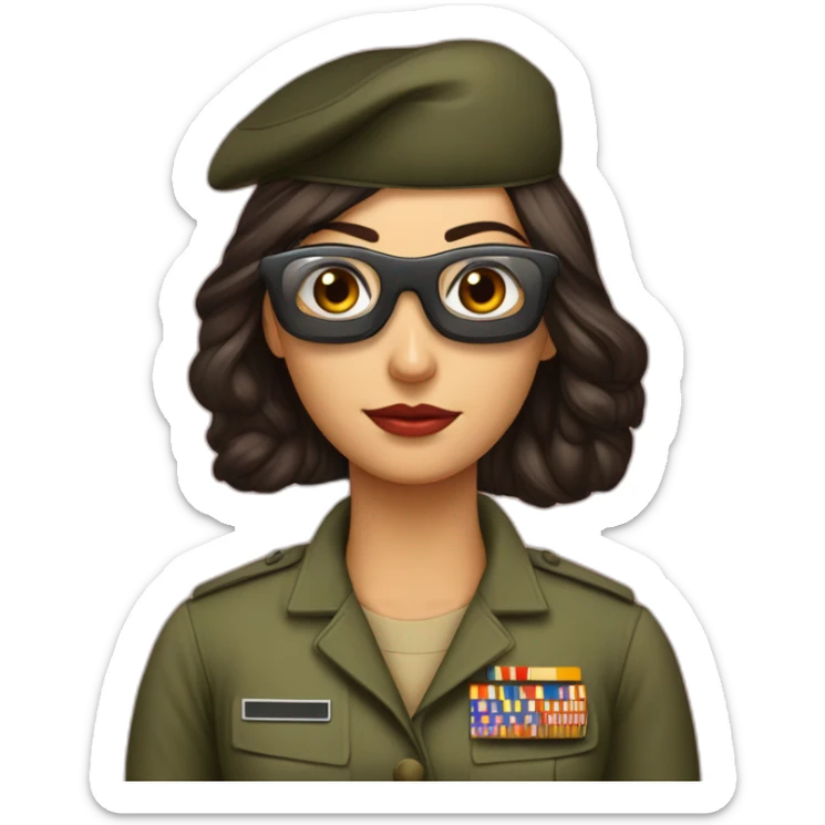 Mujer morena tez morena ojos oscuros gafas cara regordita militar sticker