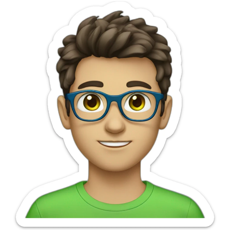 A boy with dark brown hairs with green eyes with blue eyesglasses and ref t-shirt sticker