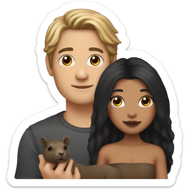 a woman with black long hair and just a black eyeliner with a little capybara puppett on his hand sticker