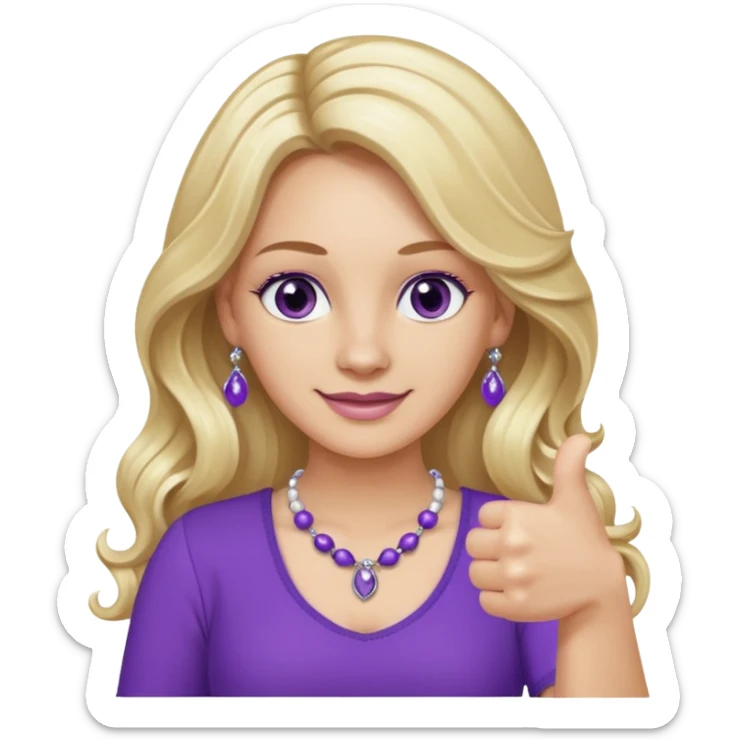 lady with long wavy blonde hair, purple top, коричневыми eyes, thumbs up, с бусами белые и серебром на шее sticker