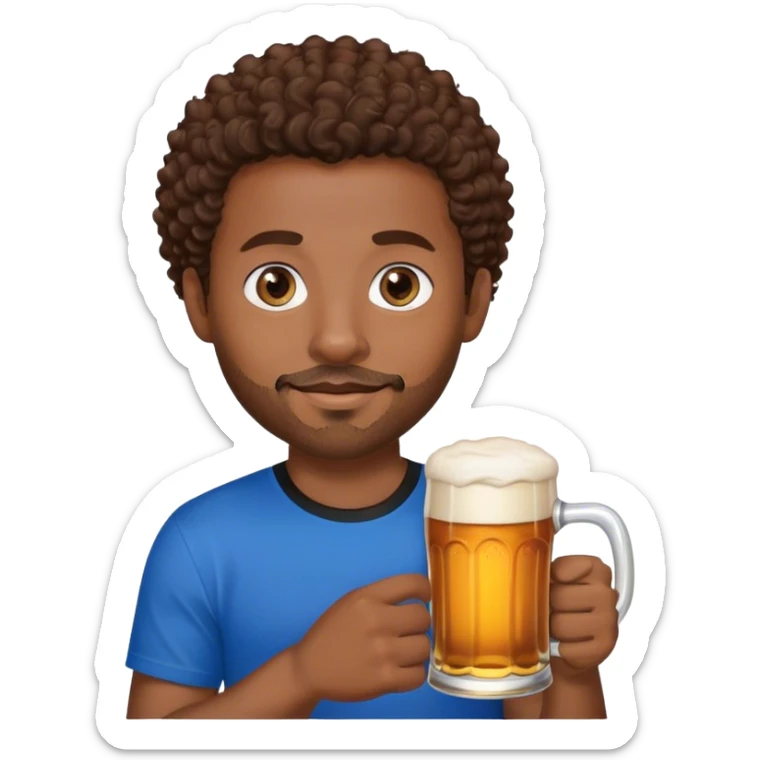 black man with short brown curly hair and blue eyes facial hair black shirt holding a beer sticker